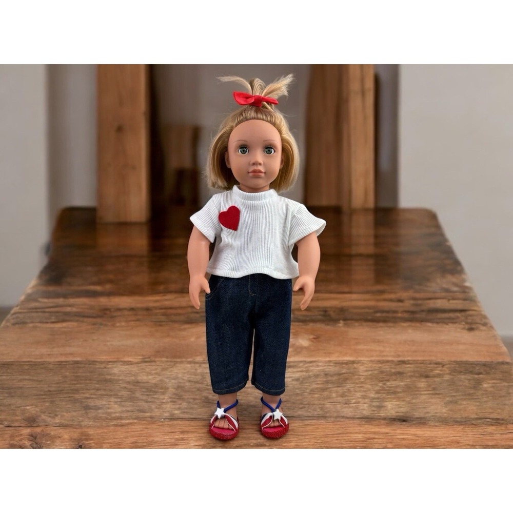 White Shirt With Heart, Capri Jeans, Sandals And Hair Tie For 18" Dolls